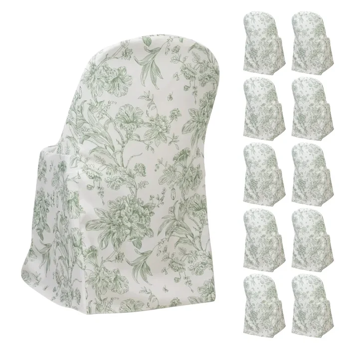 10 Pack Polyester Chair Covers for Folding Chairs – White Dusty Sage Green French Toile Pattern, Reusable Stain-Resistant Slip-On SlipcoversChair Covers