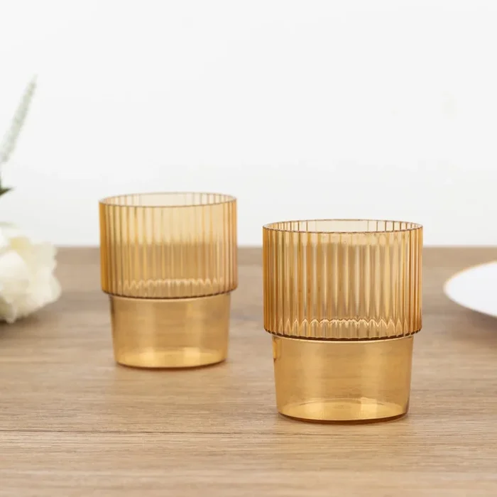 12-Pack Plastic Short Drinking Glasses Amber Gold Ribbed Pattern Stackable – Reusable Tumblers 7ozDrinkware