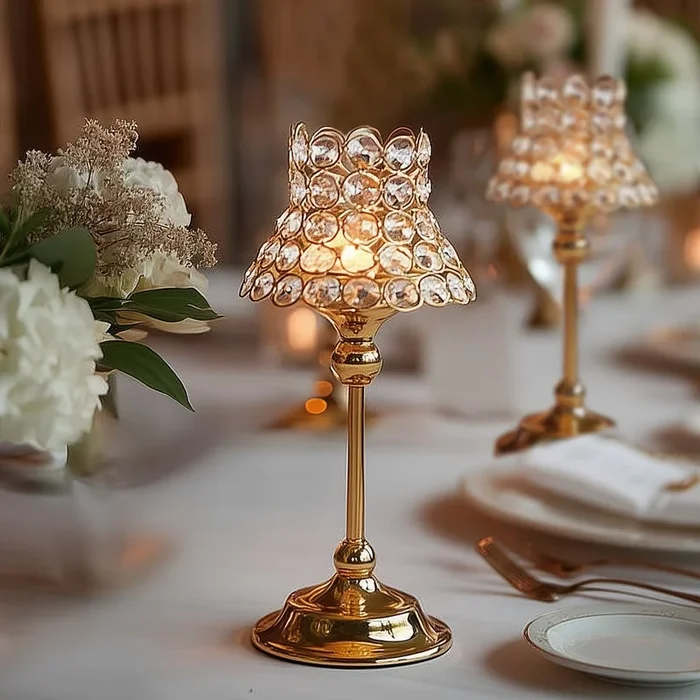 2 Pack Crystal Beaded Candle Holders – 12″ Tall Gold Metal Centerpieces with Lamp-Inspired Shade for Tables & EventsCenterpieces