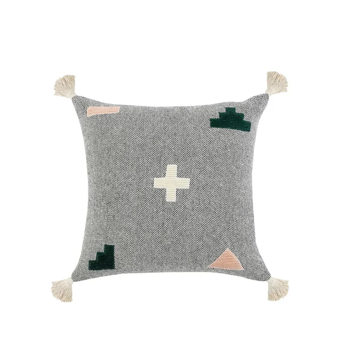 20″ Gray and Black Geometric Patchwork Square Throw Pillow with Tassels