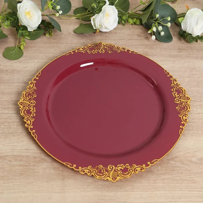 20-Pack Economy Plastic Round Charger Plates 13″ in Burgundy with Gold Embossed Baroque Rim, Stylish Dinner Party Serving PlatesDecorative Chargers