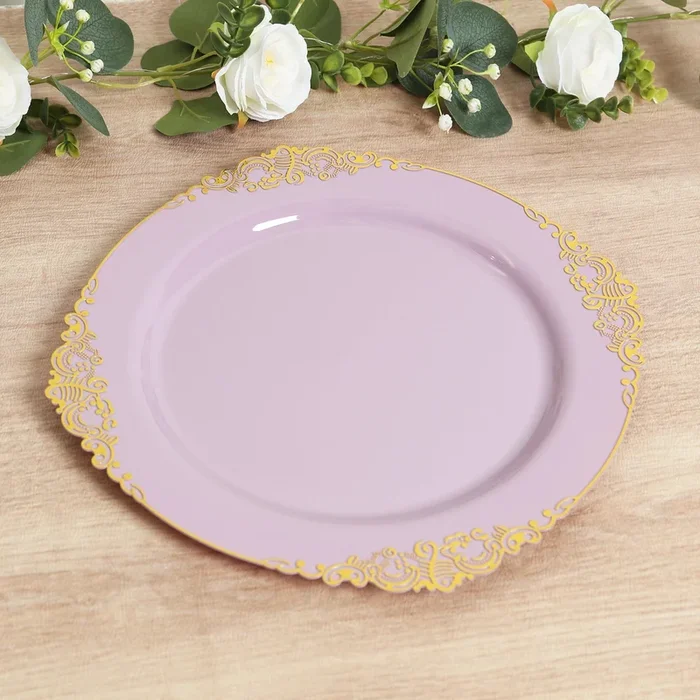 20-Pack Economy Plastic Round Charger Plates 13″ in Lavender Lilac with Gold Embossed Baroque Rim, Stylish Dinner Party Serving PlatesDecorative Chargers