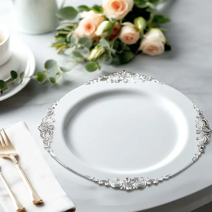 20-Pack Economy Plastic Round Charger Plates 13″ in White with Silver Embossed Baroque Rim, Stylish Dinner Party Serving PlatesDecorative Chargers