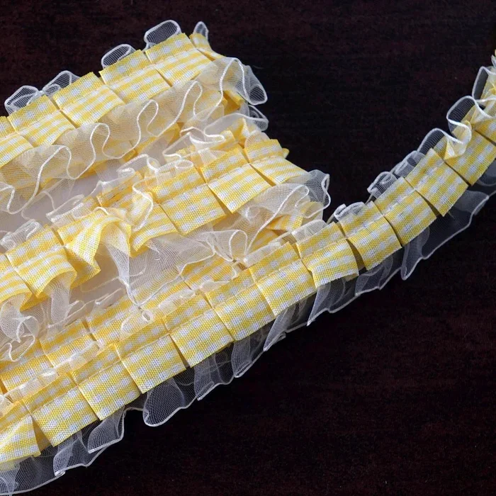 25 Yards 1″ Ivory Double Layered Edging Ruffled Lace Trim With Satin Edged Organza Fabric and Gingham PolyesterTulle