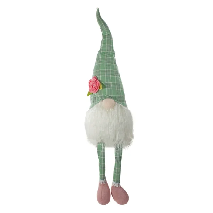 28″ Green and White Plaid Spring Gnome Table Top Figure with Dangling Legs