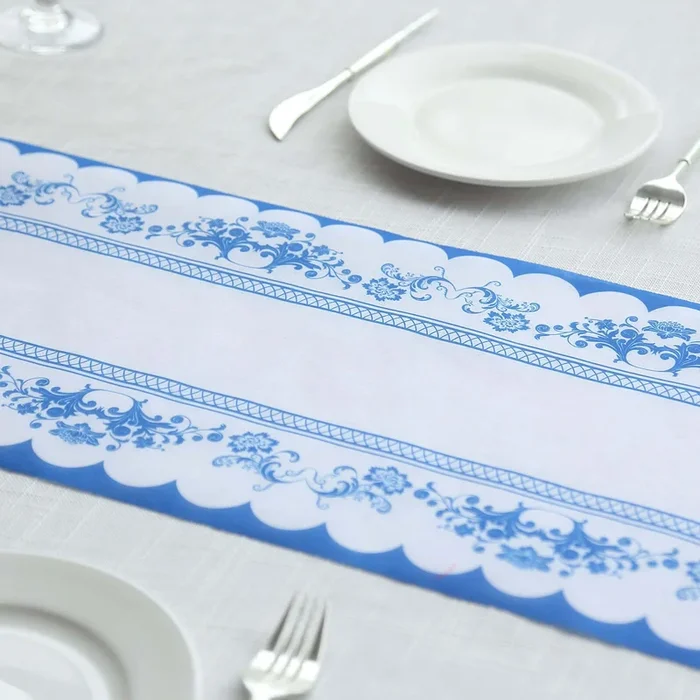 5 Pack Disposable Table Runners 11″x108″ White with Blue Ornate Floral Prints – Non-woven Stylish Kitchen Dining Table DecorRunners