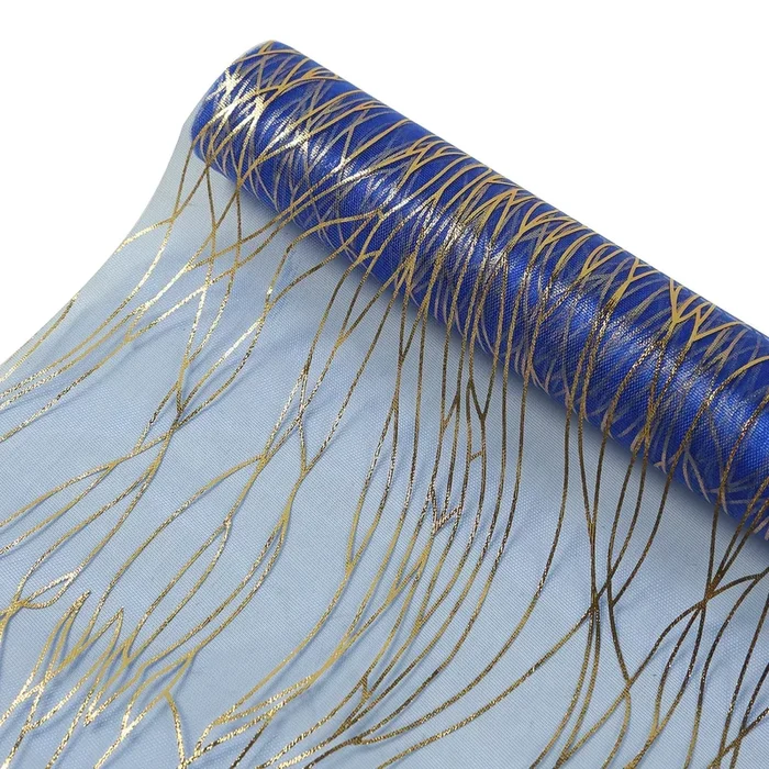 5 Pack Organza 12″x108″ Table Runners Royal Blue – Gold Wave DesignRunners