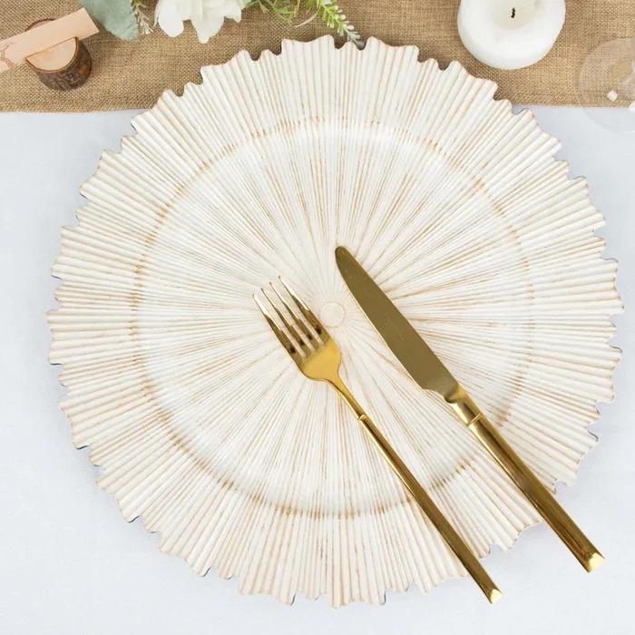 6-Pack Acrylic Plastic Round Charger Plates 13″ in Antique White with Sunray Scalloped Rim, Decorative Dinner Party Charger TablewareDecorative Chargers