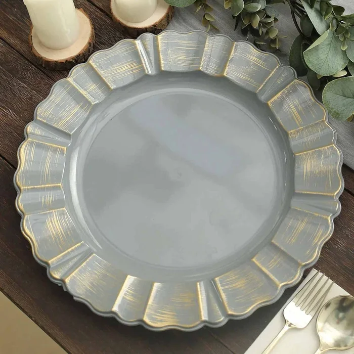 6-Pack Acrylic Plastic Round Charger Plates 13″ in Charcoal Gray with Gold Brushed Wavy Scalloped Rim, Decorative Dinner Party Charger TablewareDecorative Chargers