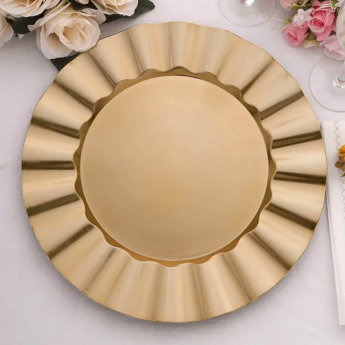 6-Pack Acrylic Plastic Round Charger Plates 13″ in Gold with Wavy Scalloped Rim, Decorative Dinner Party Charger TablewareDecorative Chargers