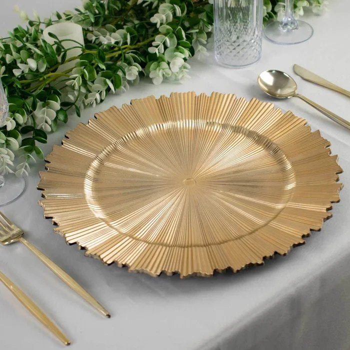 6-Pack Acrylic Plastic Round Charger Plates 13″ in Metallic Gold with Sunray Scalloped Rim, Decorative Dinner Party Charger TablewareDecorative Chargers