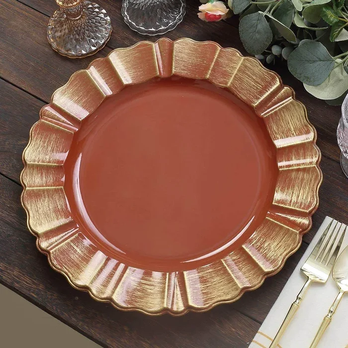 6-Pack Acrylic Plastic Round Charger Plates 13″ in Terracotta (Rust) with Gold Brushed Wavy Scalloped Rim, Decorative Dinner Party Charger TablewareDecorative Chargers