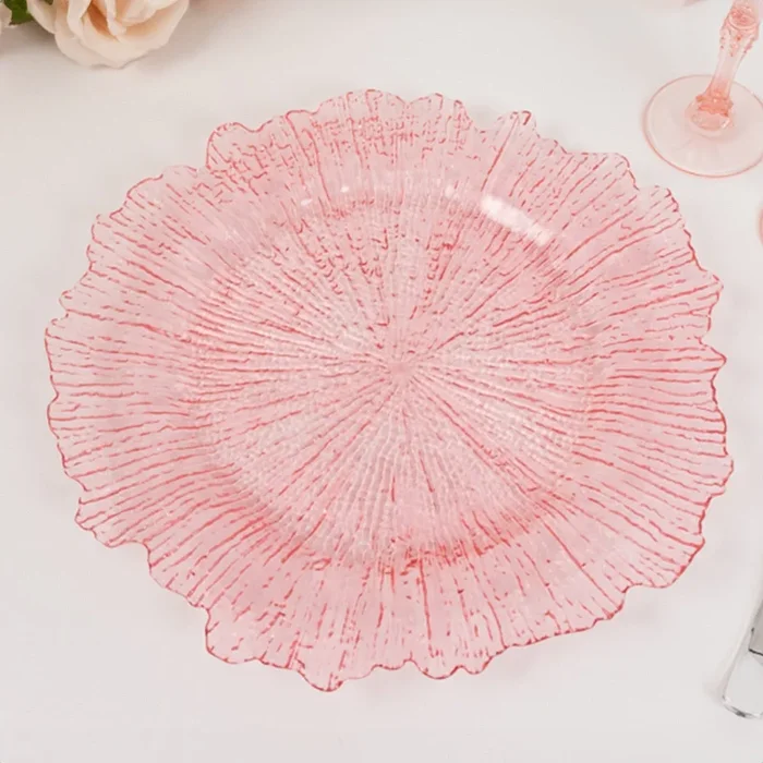 6-Pack Acrylic Plastic Round Charger Plates 13″ in Transparent Blush with Reef Design, Dinner Charger TablewareDecorative Chargers