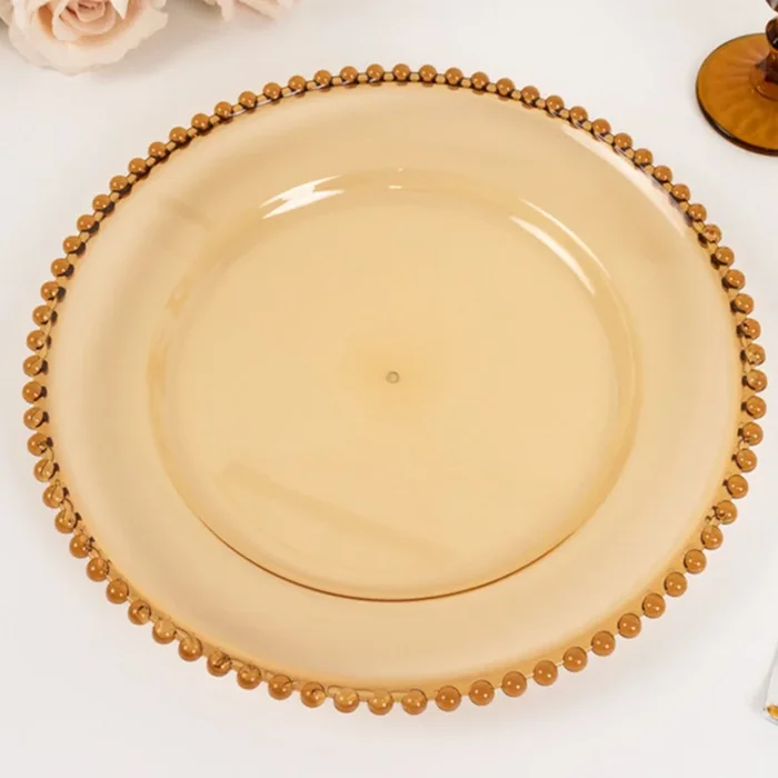 6-Pack Acrylic Round Charger Plates 13″ in Amber Gold with Beaded Rim, Decorative Dinner Party Charger TablewareDecorative Chargers
