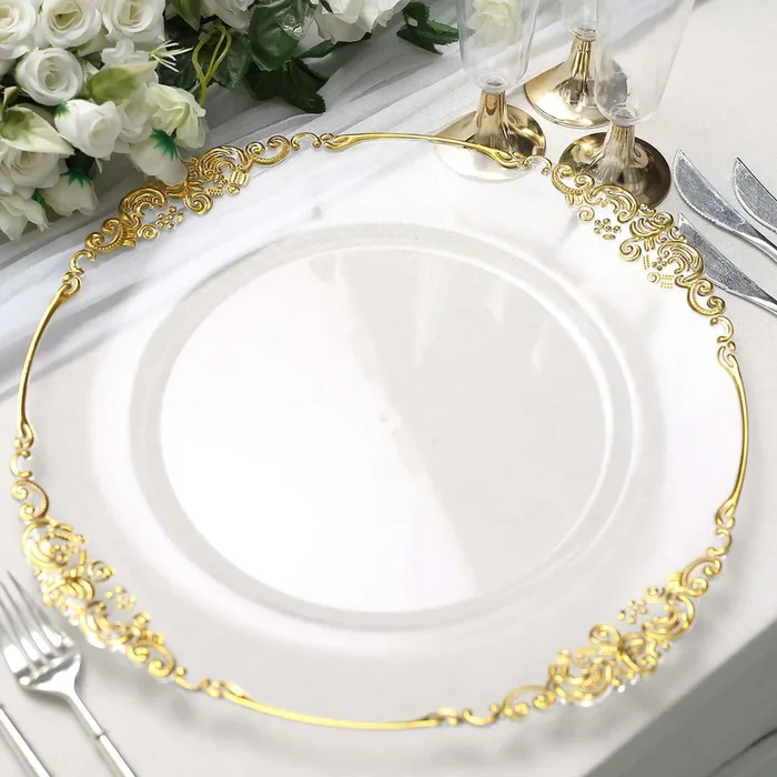 6-Pack Acrylic Round Charger Plates 13″ in Clear with Gold Embossed Baroque Rim, Antique Decorative Dinner Party Charger TablewareDecorative Chargers