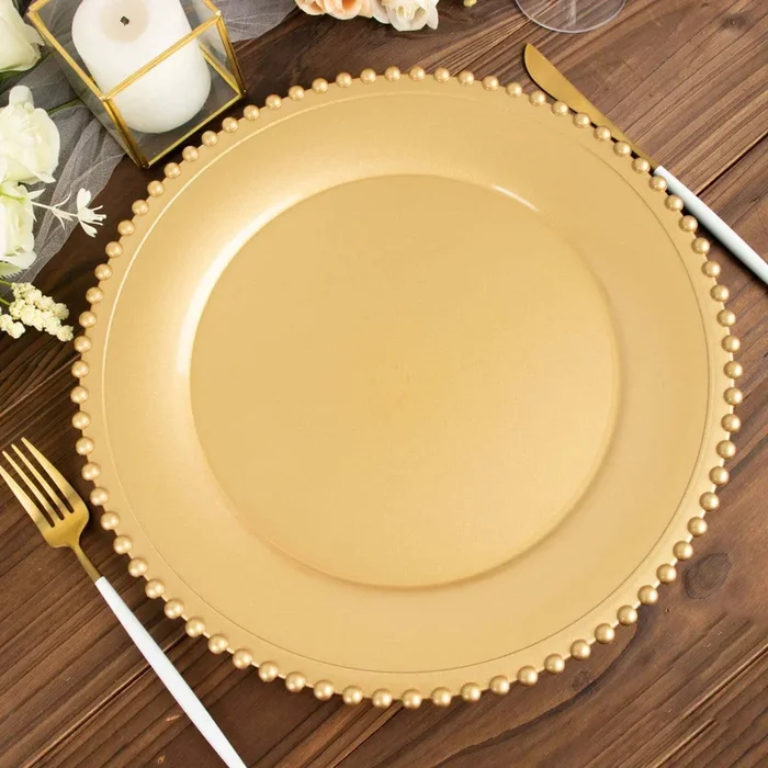 6-Pack Acrylic Round Charger Plates 13″ in Gold with Beaded Rim, Decorative Dinner Party Charger TablewareDecorative Chargers