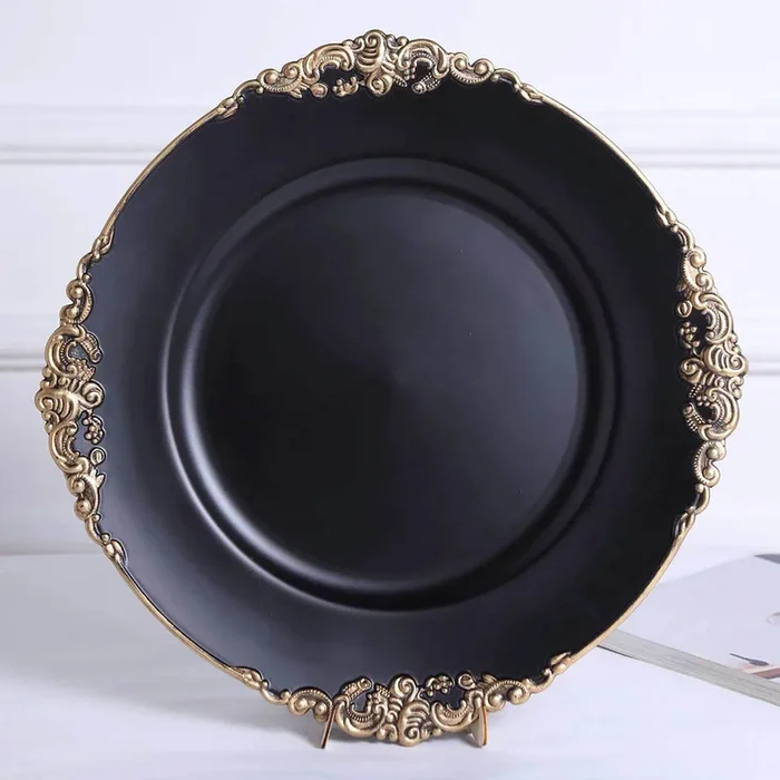 6-Pack Acrylic Round Charger Plates 13″ in Matte Black with Gold Embossed Baroque Rim, Antique Decorative Dinner Party Charger TablewareDecorative Chargers