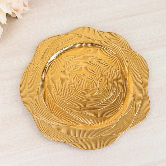 6-Pack Acrylic Round Charger Plates 13″ in Metallic Gold with Ribbed Rose Pattern, Event Tabletop Decorative Charger TablewareDecorative Chargers