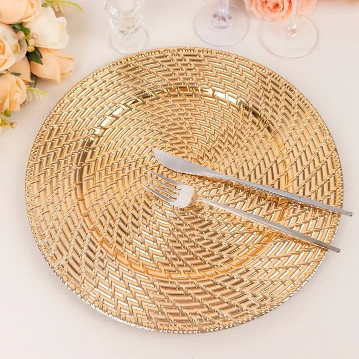 6-Pack Acrylic Round Charger Plates 13″ in Metallic Gold with Swirl Rattan Pattern, Farmhouse Plastic Charger TablewareDecorative Chargers