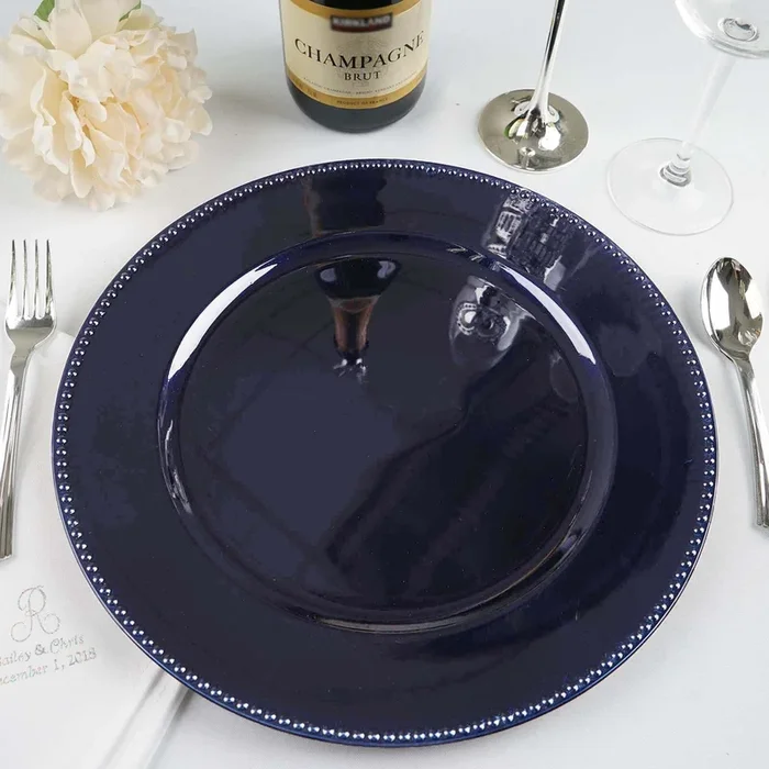 6-Pack Acrylic Round Charger Plates 13″ in Navy Blue with Beaded Rim, Dinner Charger Event Tabletop DecorDecorative Chargers