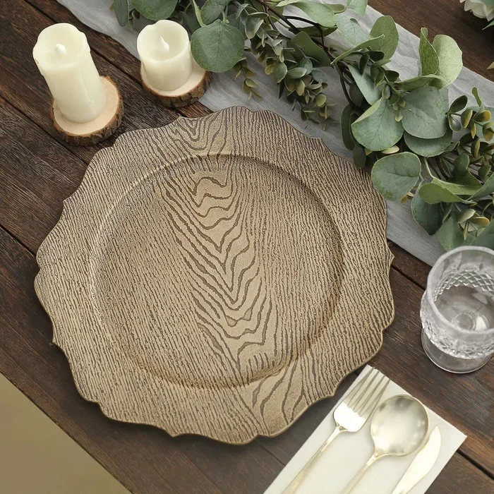 6-Pack Acrylic Round Charger Plates 13″ in Rustic Natural with Wood Grain Scalloped Rim, Decorative Dinner Party Charger TablewareDecorative Chargers
