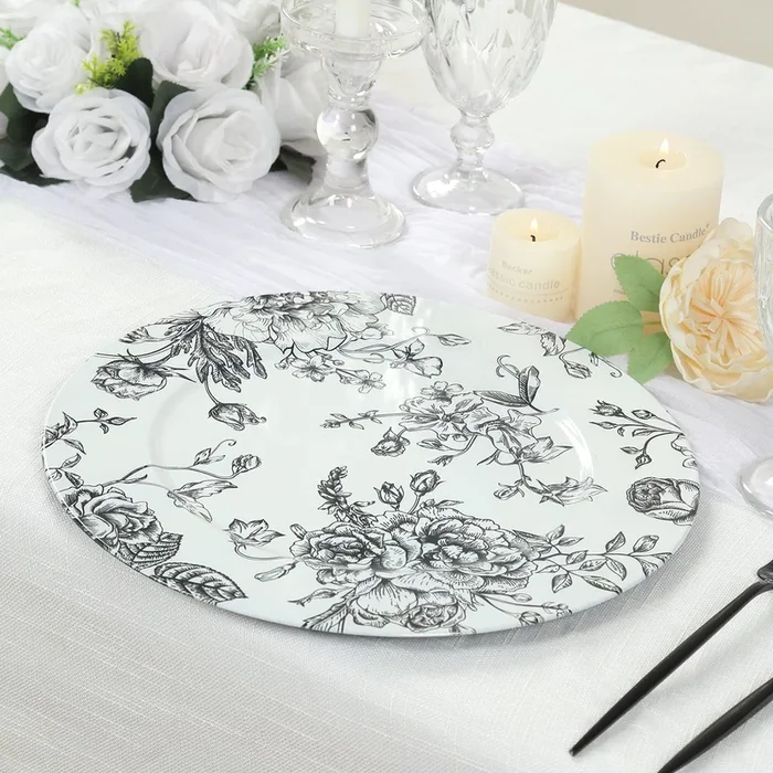 6-Pack Acrylic Round Charger Plates 13″ in White with Black Floral French Toile Pattern, Decorative Dinner Party Charger TablewareDecorative Chargers