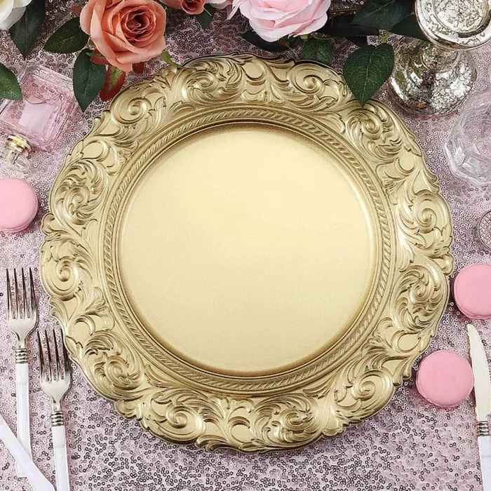 6-Pack Acrylic Round Charger Plates 14″ in Gold with Engraved Baroque Rim, Vintage Disposable Decorative ChargersDecorative Chargers