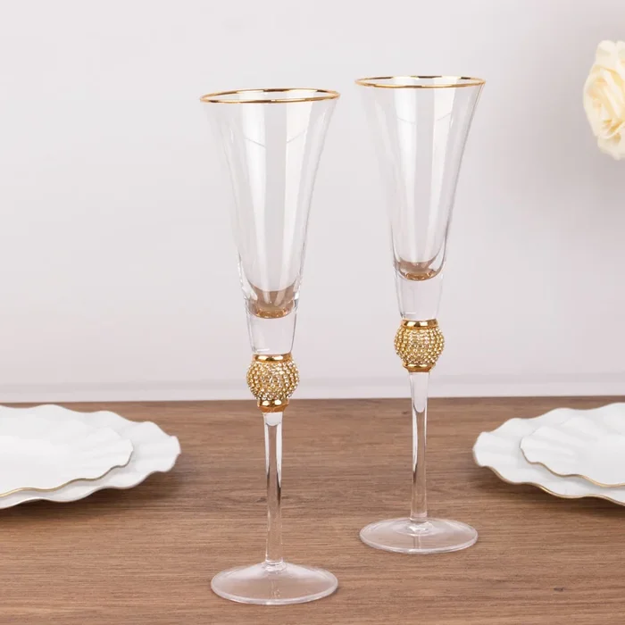 6-Pack Champagne Flute Glasses Clear Gold Rim Design with Studded Rhinestones – Long Stem Crystal Glassware for Wine & Events 6oz 11″Drinkware