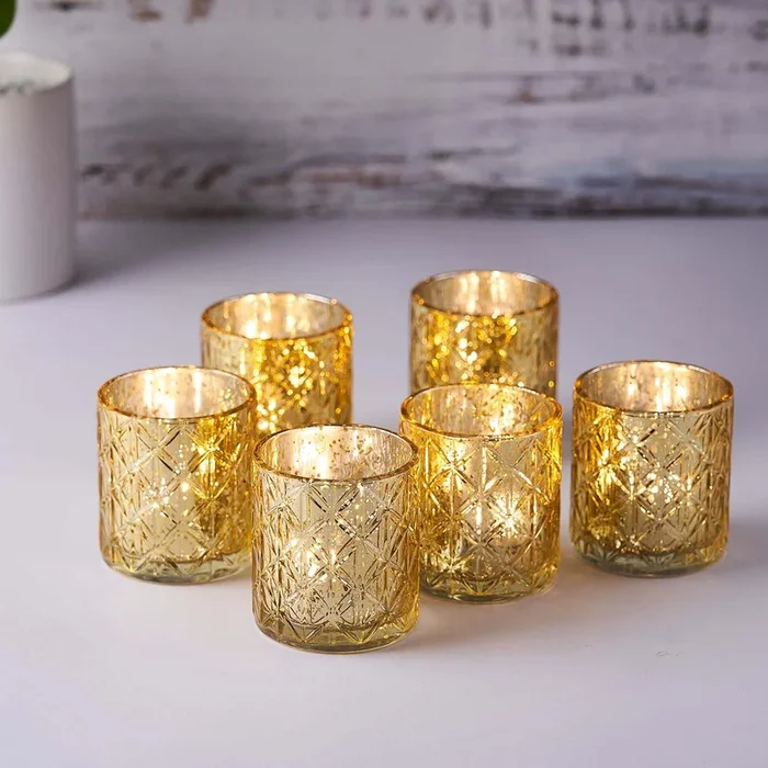 6-Pack Mercury Glass Candle Holders Shiny Gold with Geometric Design – Votive Tealight Holders 3″Centerpieces