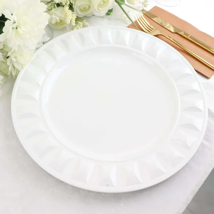 6-Pack Plastic Round Charger Plates 13″ in White with Bejeweled Rim, Luxe Decorative Dinner Party Charger TablewareDecorative Chargers