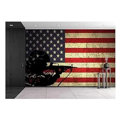 a Silhouette of a Soldier on The Grunge American Flag – Removable Wall Mural | Self-Adhesive Large Wallpaper – 66×96 inches