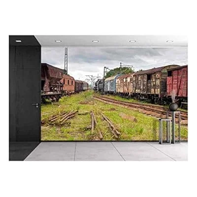 Abandoned Old Railway Wagons at Station – Removable Wall Mural | Self-Adhesive Large Wallpaper – 66×96 inches