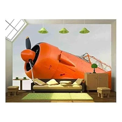 Adventure in The Sky, Old Airplane, Orange, North American T-6G Texan – Removable Wall Mural | Self-Adhesive Large Wallpaper – 100×144 inches