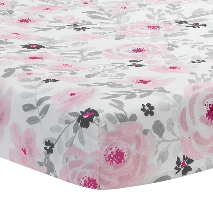 Bedtime Originals Blossom Fitted Mini Crib Sheet – Pink, Gray, White, Floral