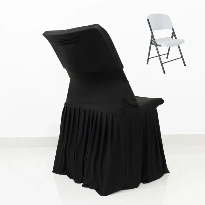 Black Spandex Pleated Lifetime Folding Chair Cover – Stretch Slipcover with Floor-Length Skirt, Also Fits Standard ChairsChair Covers