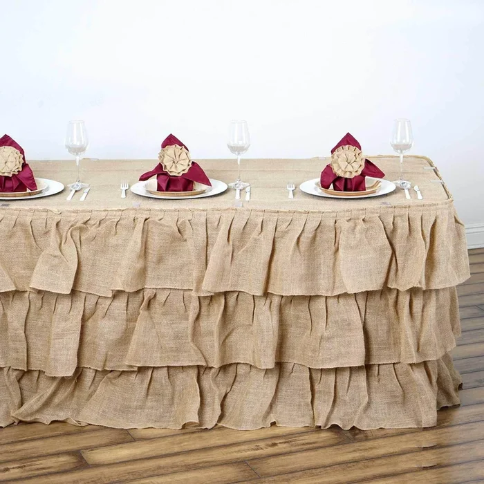 Burlap 17ft Table Skirt Natural 3 Tier Ruffled Design for Rustic Weddings & Country EventsTable Skirts