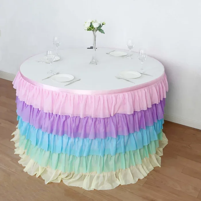 Chiffon 14ft Table Skirt Gradient Unicorn – 5-Tier Ombre Ruffled Tutu Table Cover with Satin Backing for Enchanting EventsTable Skirts