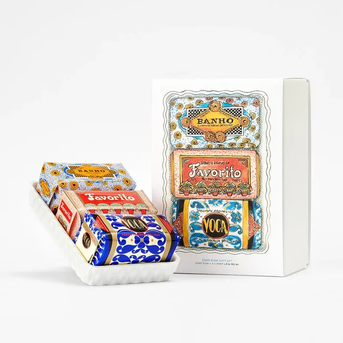 Claus Porto gift box of 3 soaps on ceramic dishsoap