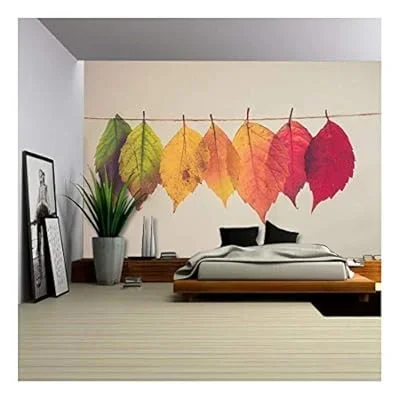 Colorful Leaves Hang on String – Removable Wall Mural | Self-Adhesive Large Wallpaper – 66×96 inches