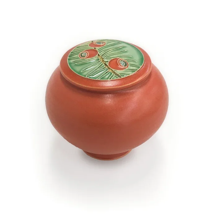 Covered ceramic jar with yew branch designtabletop miscellaneous
