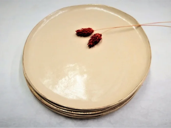 Cream Plate Set, Pottery With Gold Rims, Ceramic Dinnerware, Set For 1-12, Handmade DishCeramic Plate