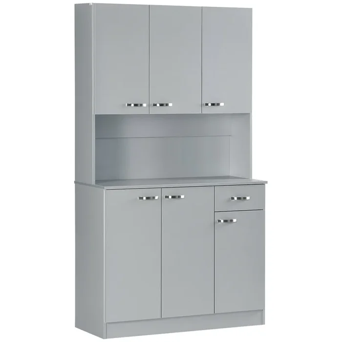 Elegant 71″ Gray Kitchen Buffet: 6-Door Storage, Shelves, Drawer