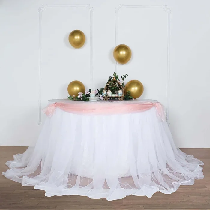 Extra Long Tulle 14ft Table Skirt White with Satin Edge – Table Cover for Baby Showers & EventsTable Skirts