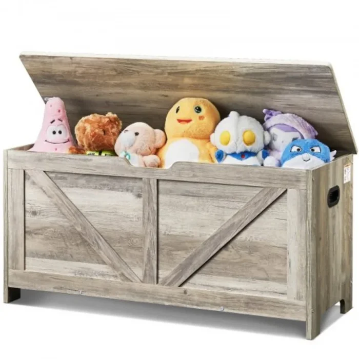 Flip-Top Wooden Toy Chest – Kids Storage Box with Safe Hinge, Ideal for Bedroom, Entryway, or Playroom Organization