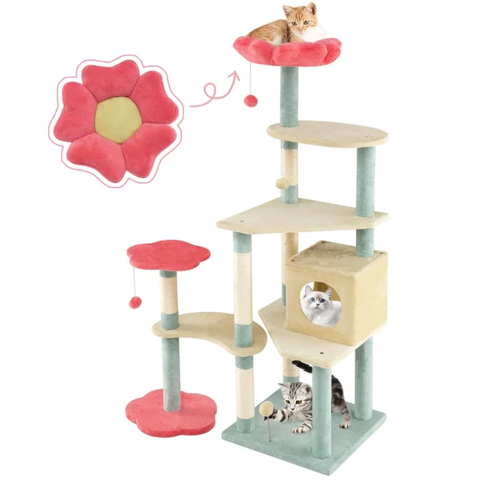 Floral-Themed Tall Kitten Tower with Cozy Flower-Shaped Plush Perch