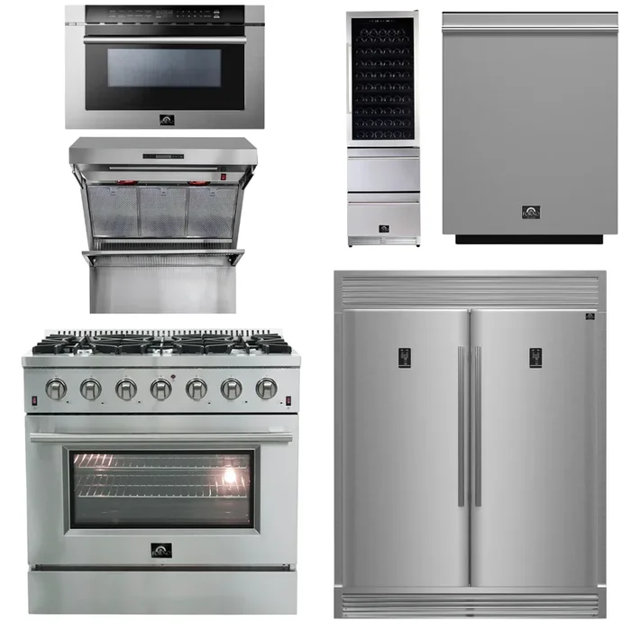 FORNO Appliance Package – 36 Inch Gas Range, Range Hood, Refrigerator, Microwave Drawer, Dishwasher, Wine Cooler, AP-FFSGS6244-36-9