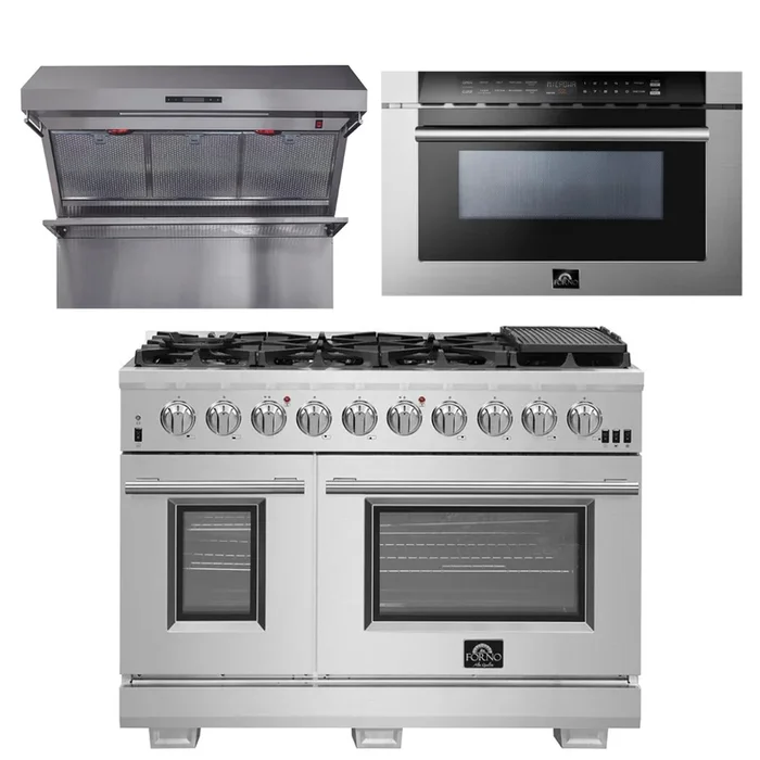 FORNO Appliance Package – 48 Inch Gas Burner/Electric Oven Pro Range, Wall Mount Range Hood, Microwave Drawer, AP-FFSGS6187-48-3