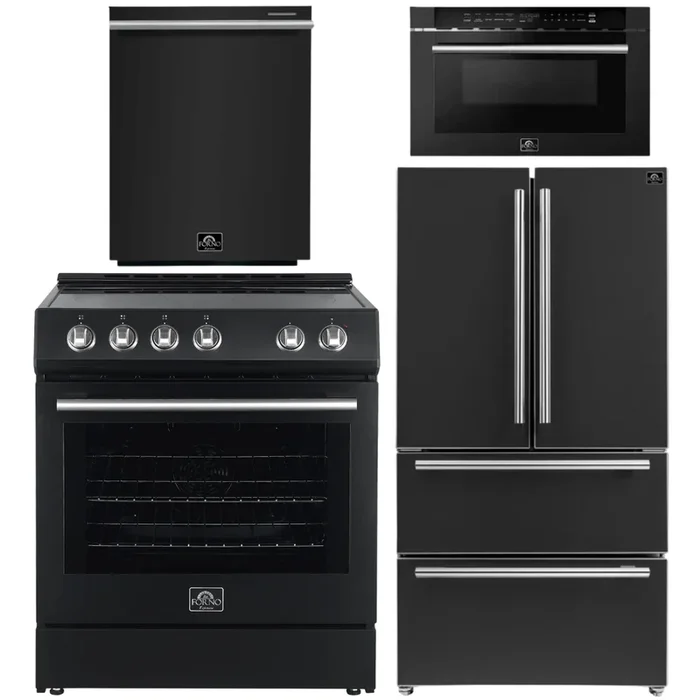 FORNO Espresso Package – 30″ Electric Range, 36″ Refrigerator with Ice Maker, Dishwasher and 24″ Microwave Drawer in Black with Silver Accents