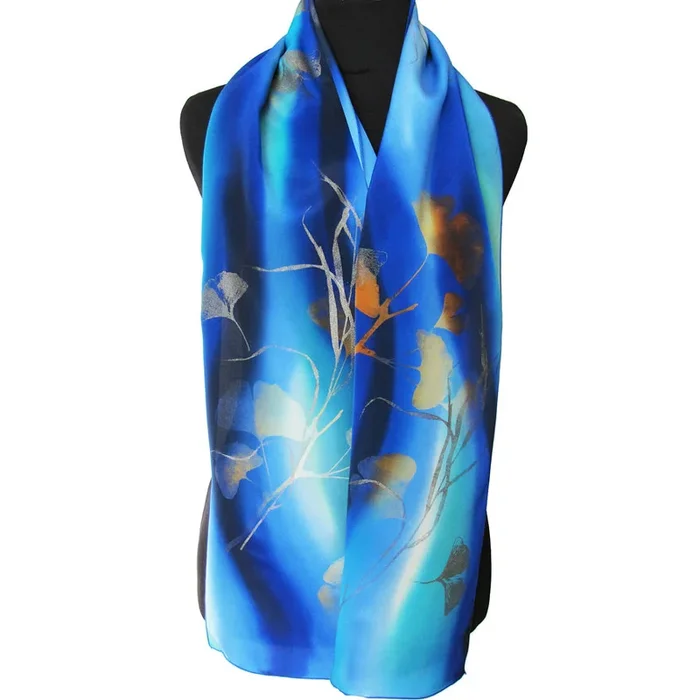 Hand-painted ginkgo silk scarf, cobalt bluescarf