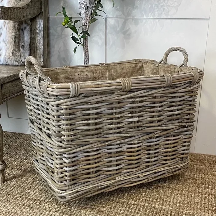 Large Wicker Rectangle Log Toy Baskets Wheels Handles Removable Hessian LinerBaskets